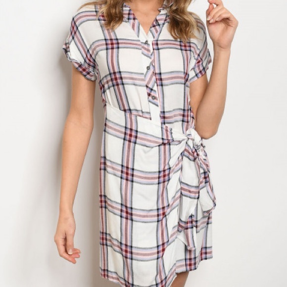 White Fall Plaid Tie Shirt Dress - Picture 2 of 7